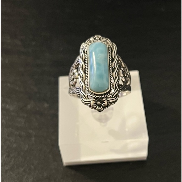 Blue Larimar Cabochon Floral Filigree Sterling Silver Ring Size 11.75
